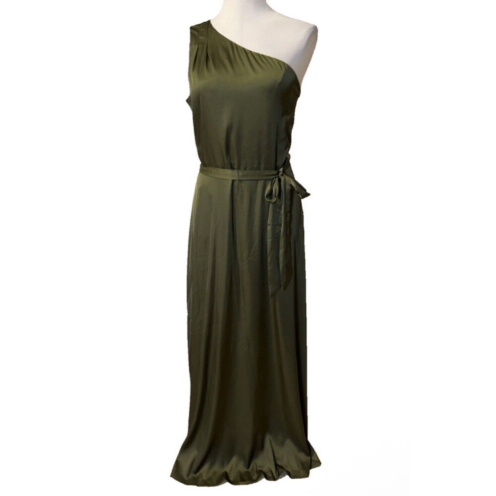 Nwot Nicole Miller Size 8 Maxi Dress One Shoulder Satin Olive Green Tie Belt